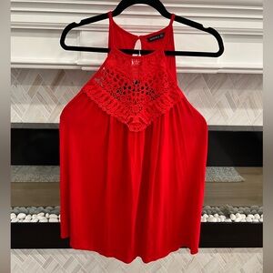 MIHOLL Bright Red Floral Lace Detail Flowy Tank Top with Keyhole Back Detail XL